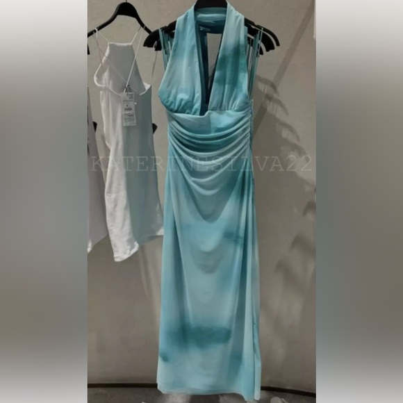 ZARA NEW WOMAN SS24 GREENS PRINTED TULLE HALTER DRESS - Picture 13 of 15